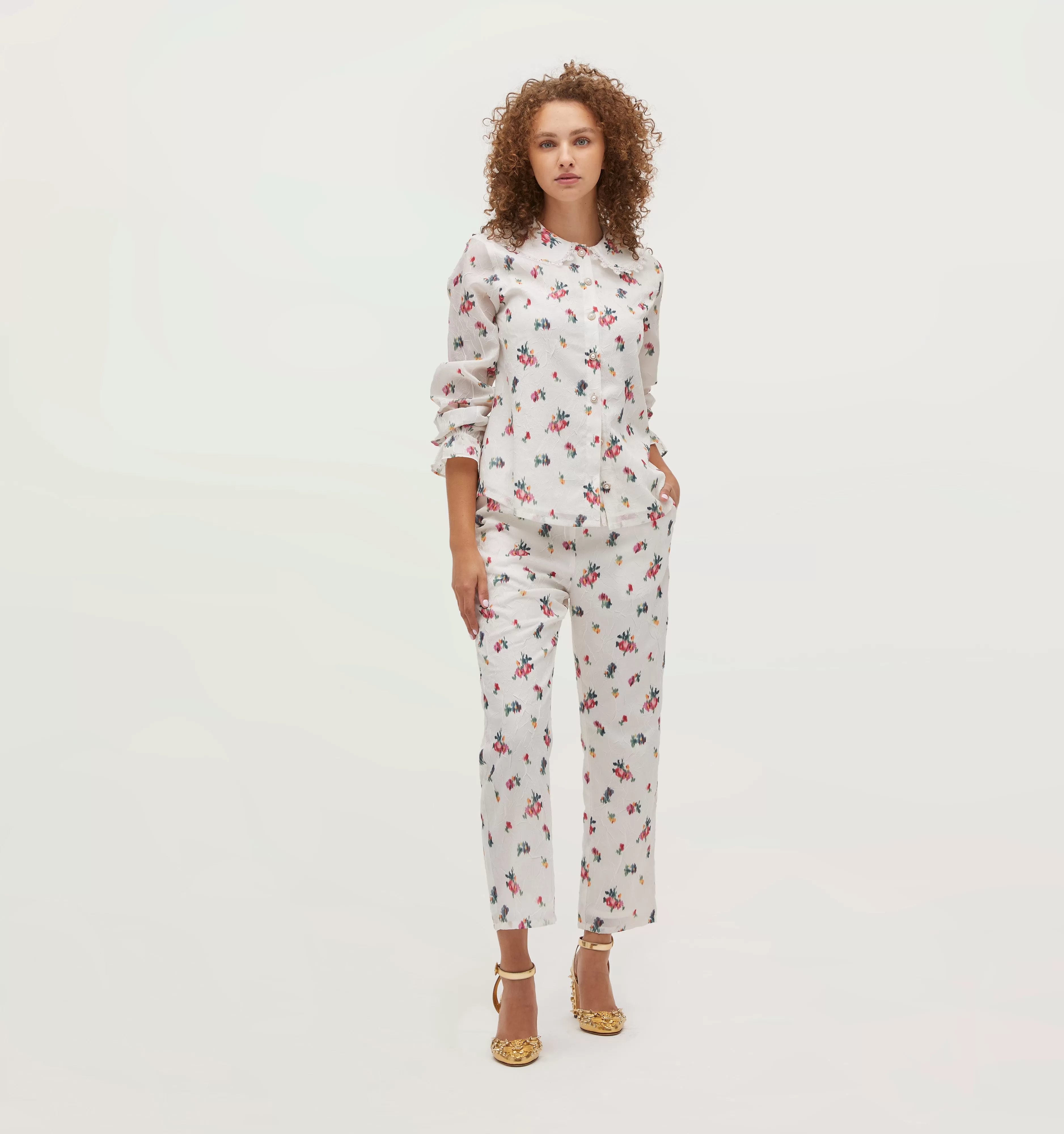 The Going Out Pajama Set - Ivory Ikat Floral Crushed Taffeta