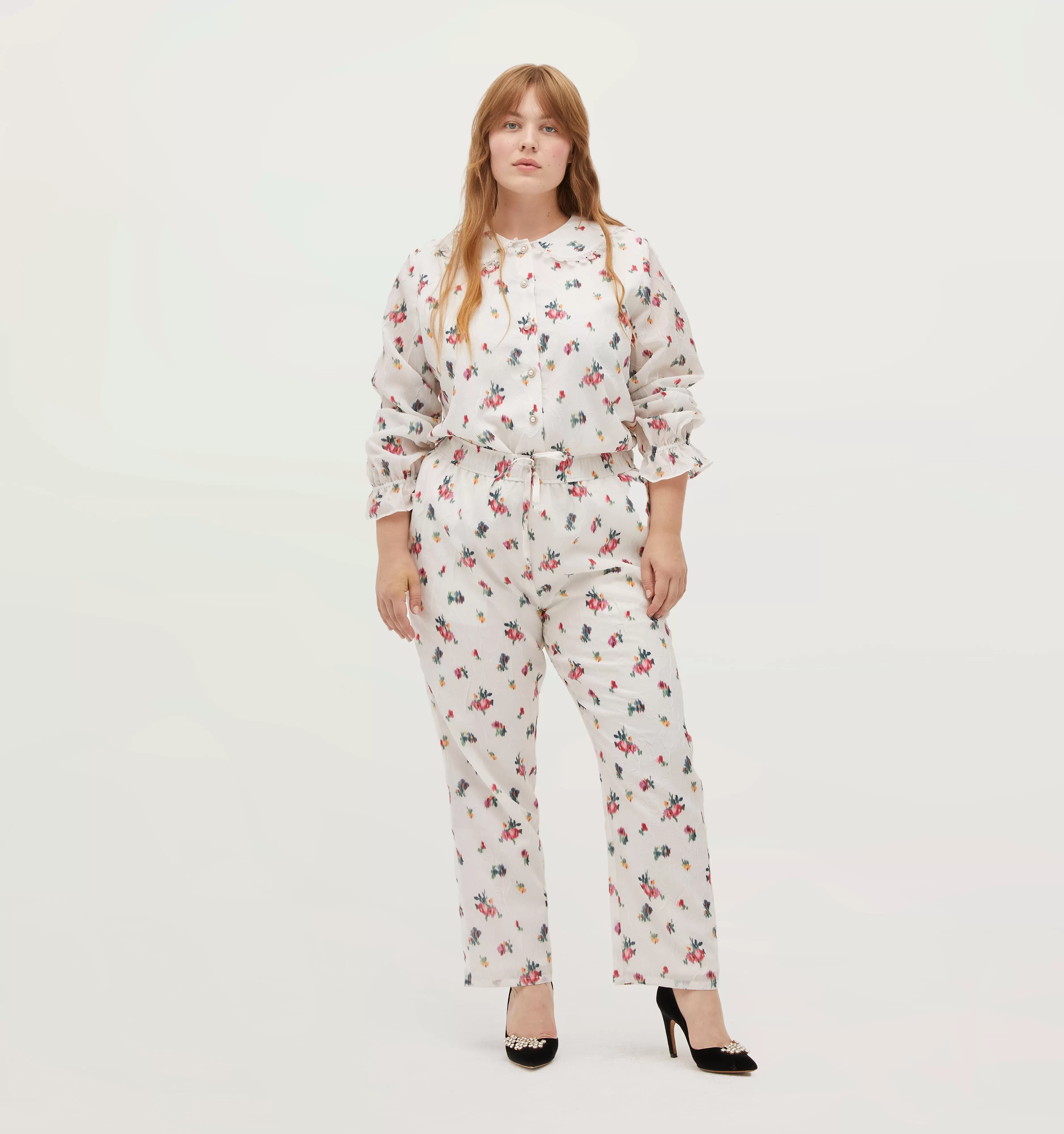 The Going Out Pajama Set - Ivory Ikat Floral Crushed Taffeta