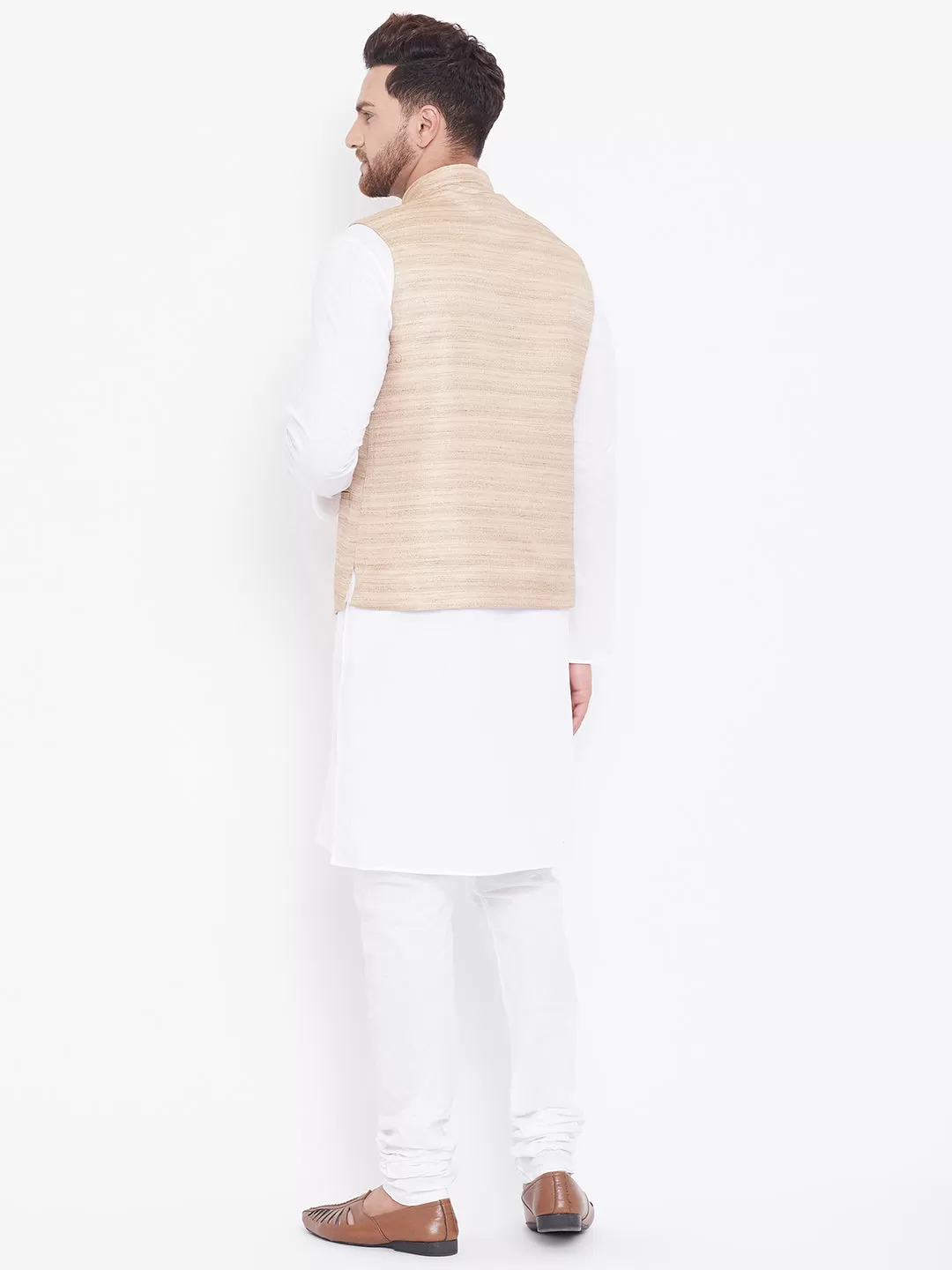 VASTRAMAY Beige Cotton Silk Nehru Jacket & White Kurta Pyjama Baap Beta Set