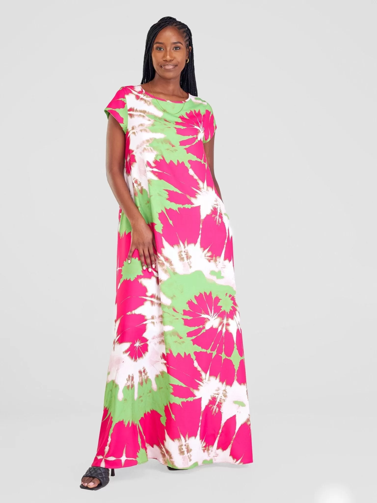 Vivo Basic Cap Sleeve Maxi Tent Dress - Pink / Green Esna Print