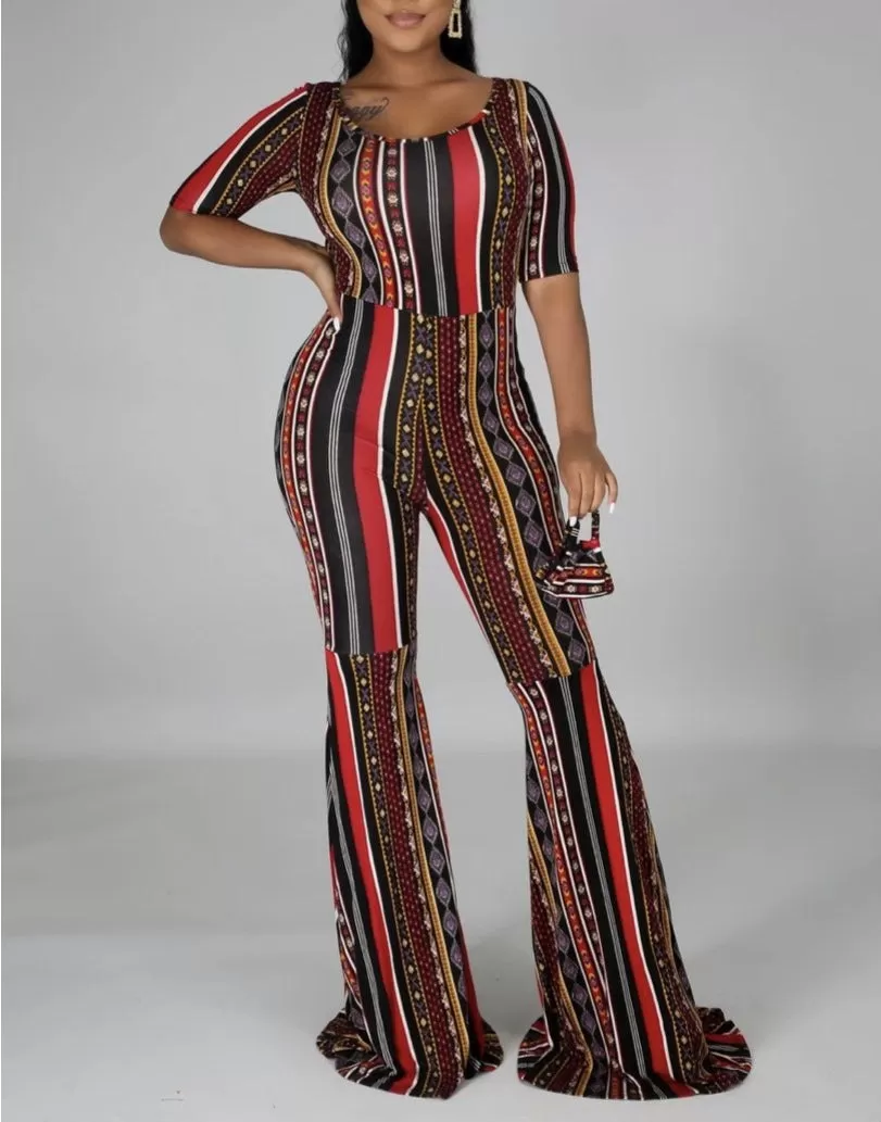 WOMEN AFRICAN STRIPED VINTAGE BOHEMIAN JUMPSUIT ROMPER