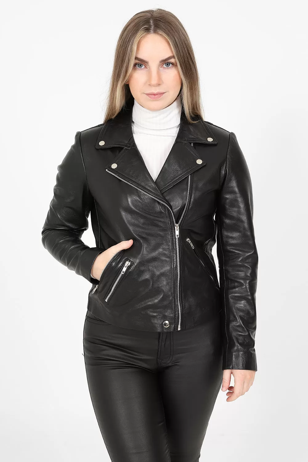 Women's Black Biker Style Real Leather Jacket - CELIA