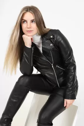 Women's Black Biker Style Real Leather Jacket - CELIA