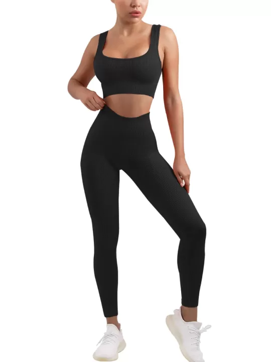 Women's Sexy 2 Piece Workout Suit-Seamless Ribbed Leggings and Square Cut Sports Bra Yoga Sportswear Set